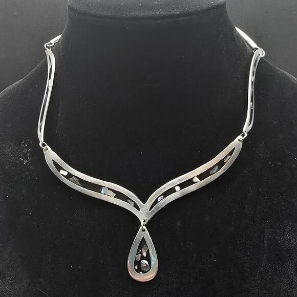 Alapaca Mexico Abalone Shell Inlay Necklace Collar Tear Drop Pendant - Picture 10 of 10